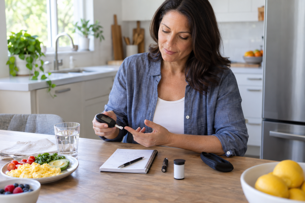 Adult safely using a blood ketone meter at home and recording the result