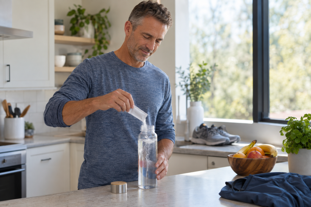 Adult preparing an electrolyte drink while reviewing a fasting and hydration plan