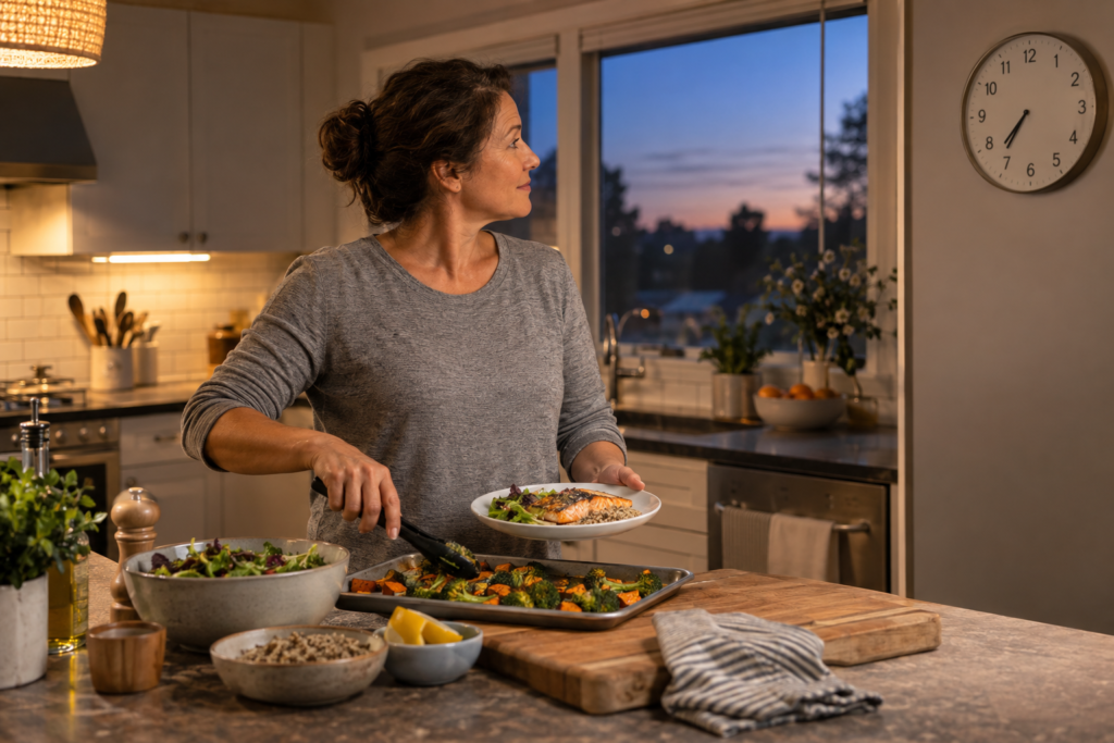 Intermittent fasting and sleep routine with a woman finishing an evening meal before bedtime