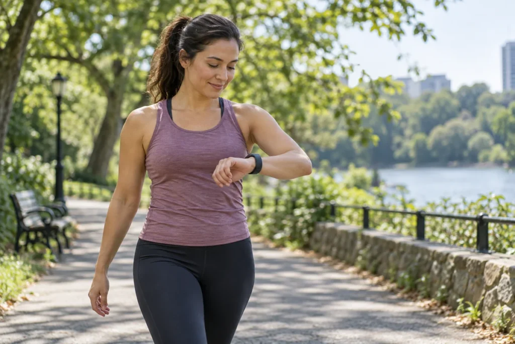 Woman checking a fitness tracker during an outdoor walk