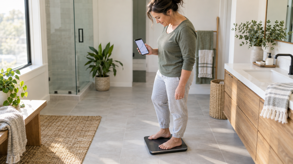 Adult checking weight trend on a smartphone while standing on a smart scale