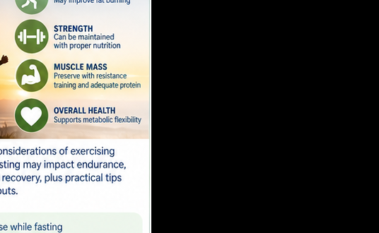 Exercise while fasting guide showing endurance, strength training, recovery and hydration
