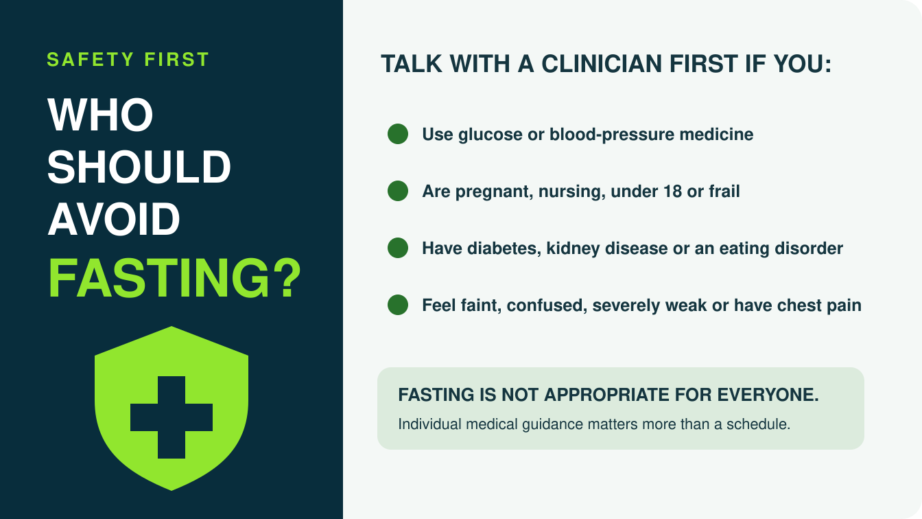 Fasting safety guide highlighting medications, diabetes, pregnancy and warning signs