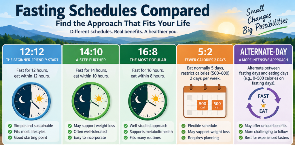Comparison of 12:12, 14:10, 16:8, 5:2 and alternate-day fasting schedules