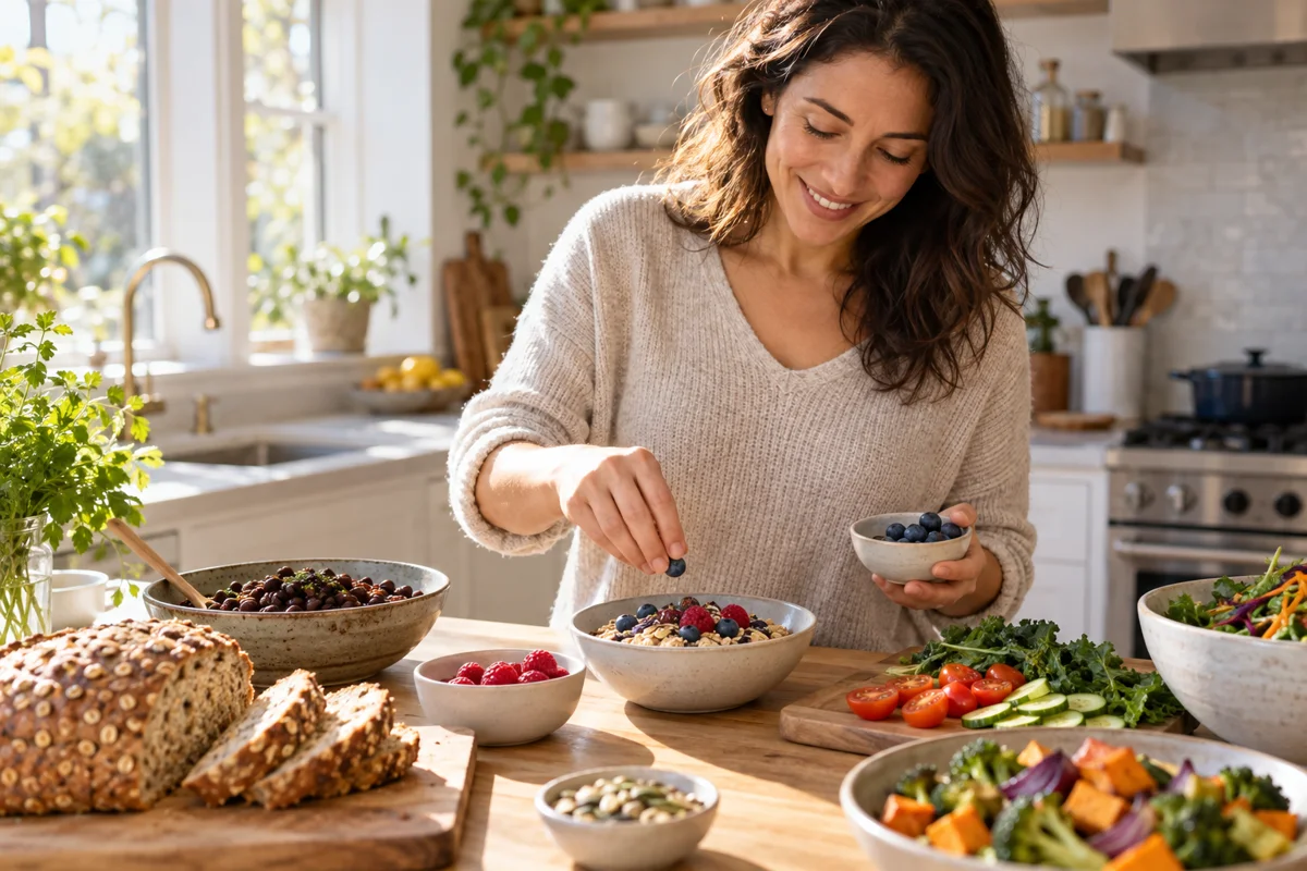 Woman preparing oats, berries and vegetables for a balanced meal after fasting