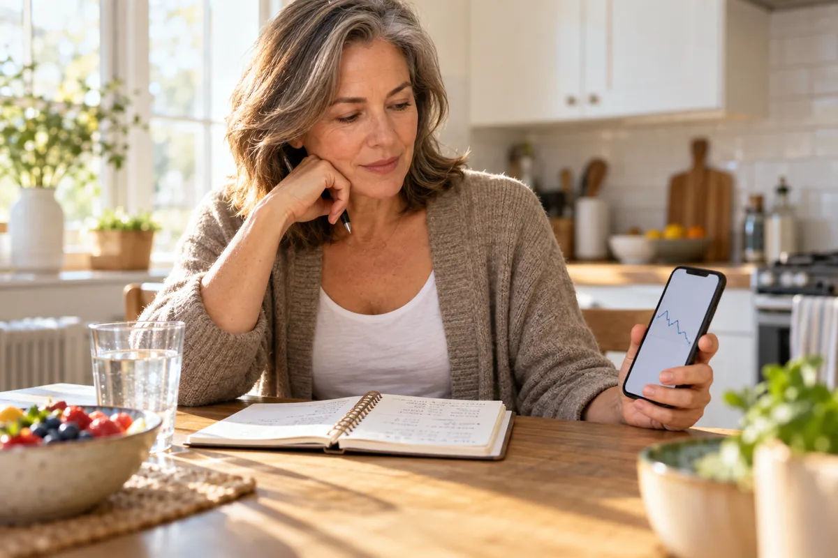 Woman reviewing an intermittent fasting routine and weight trends at a kitchen table