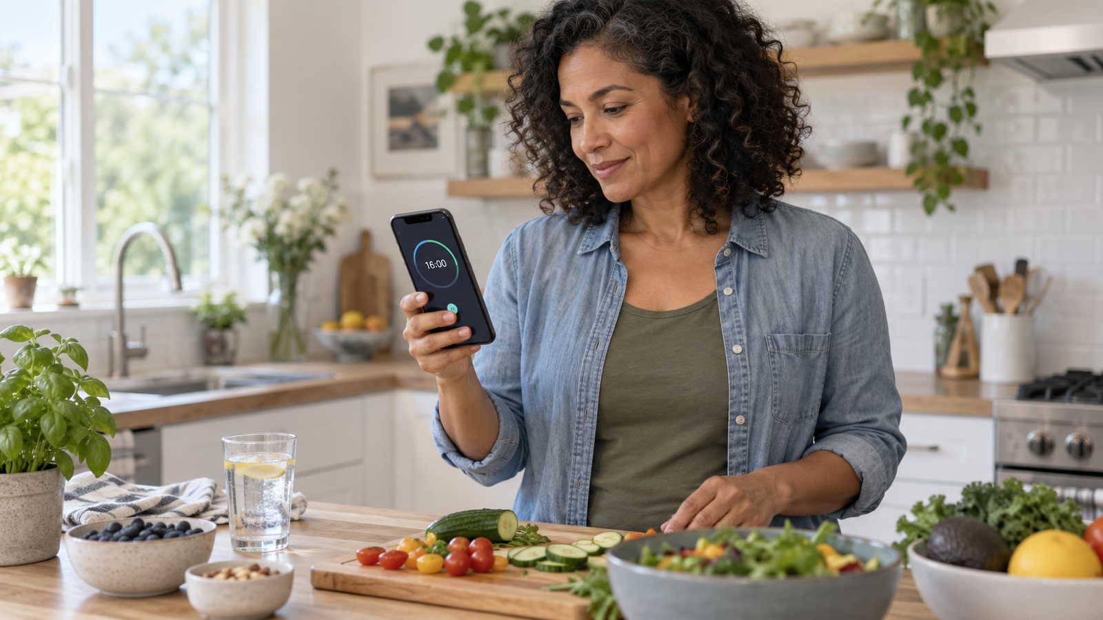 Adult using a fasting timer app while preparing a balanced meal