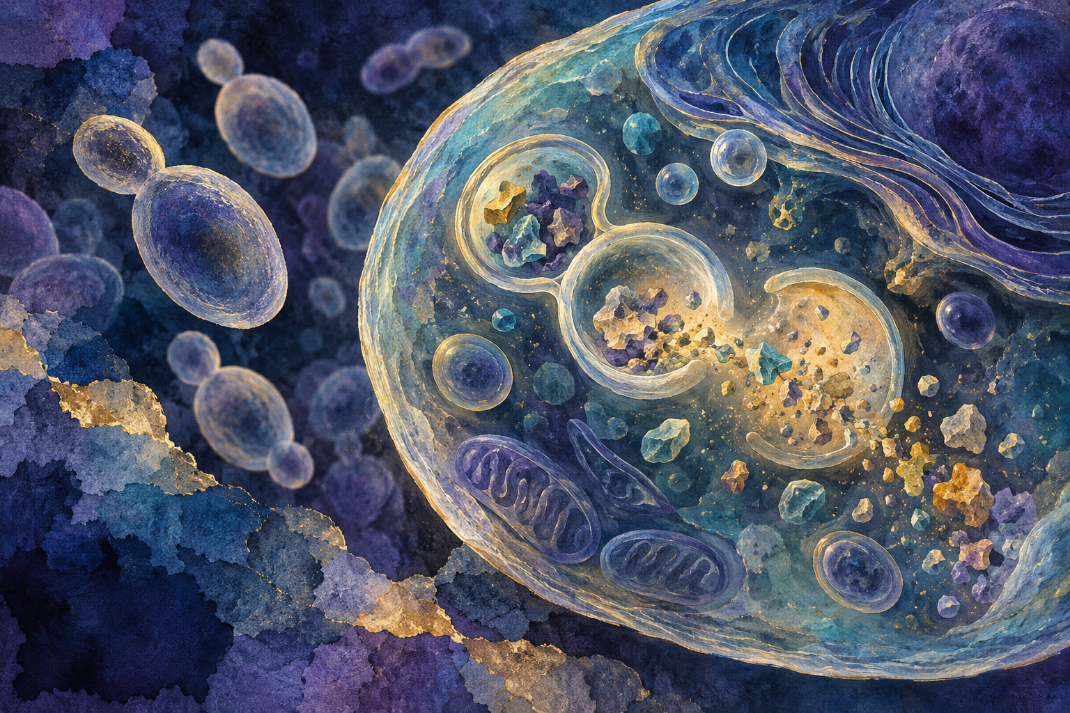 Conceptual editorial illustration of cellular recycling and budding yeast; not a microscope image.