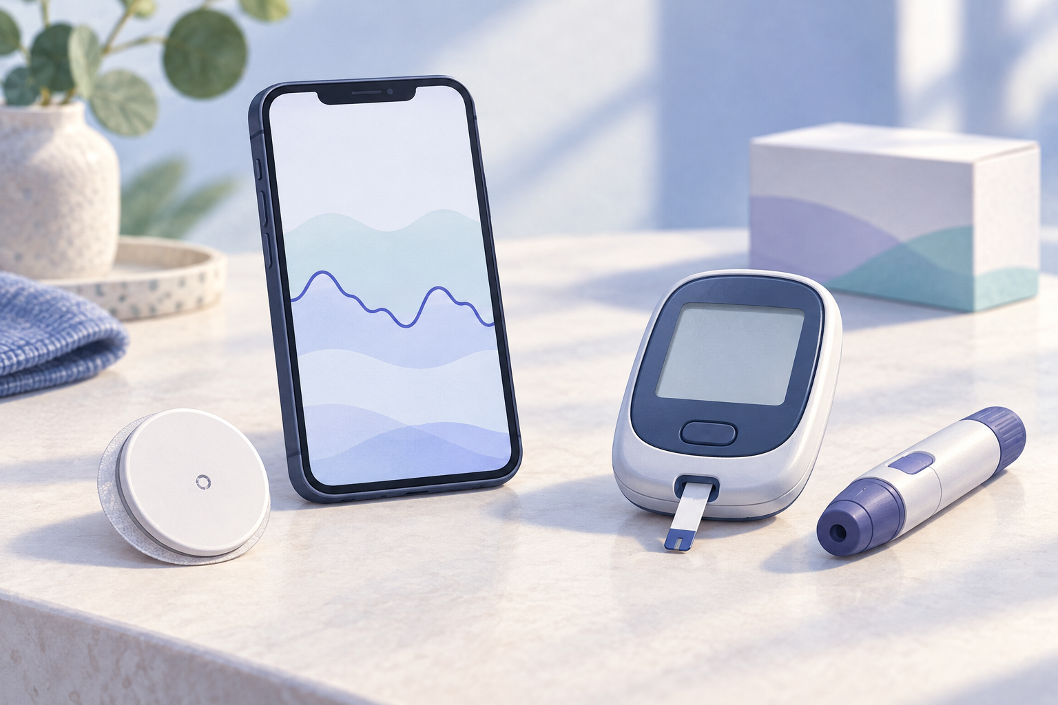 Illustration of a wearable glucose sensor, smartphone trend display, finger-stick meter and lancing pen.