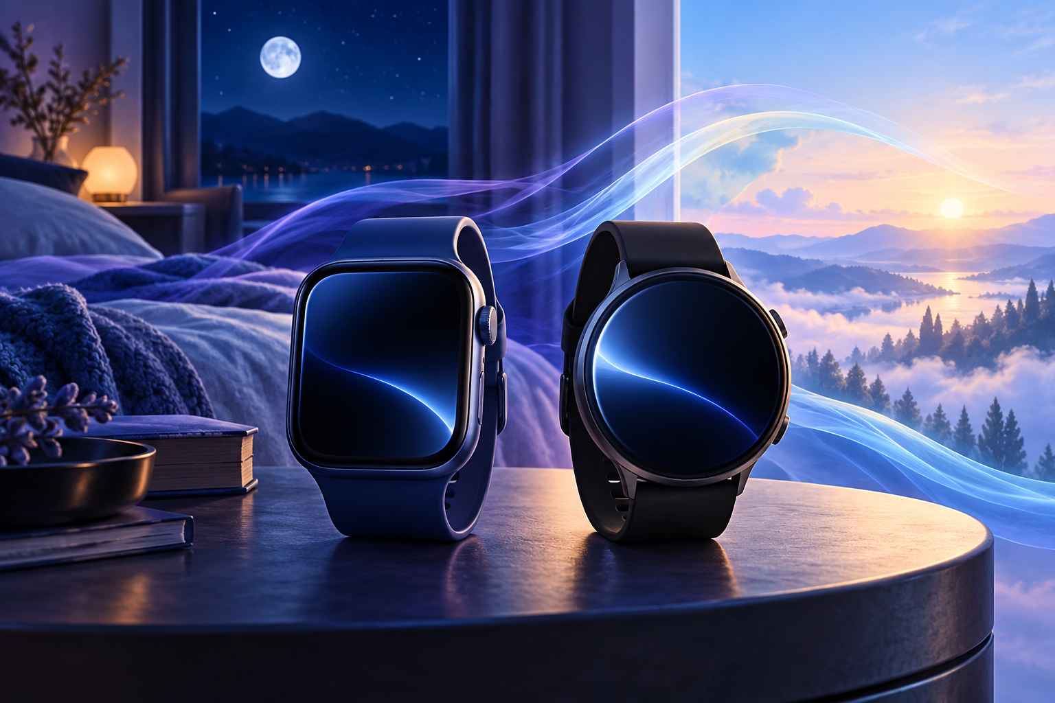 Illustration of rectangular and round smartwatches beside a bed, with moonlight transitioning into sunrise.